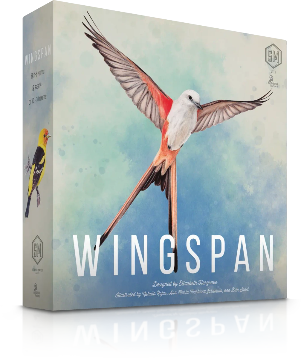 Hộp Wingspan base game nhìn nghiêng với minh họa chim trên bìa.